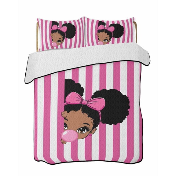 Cute Girl Quilts Bedding Set Queen Size Pink White Stripe Bow Bubble Vintage Style Lightweight Quilted Bedspread 3 Piece Bed Quilt with 2 Pillow Shams All Season for Bedroom 78" x 90"