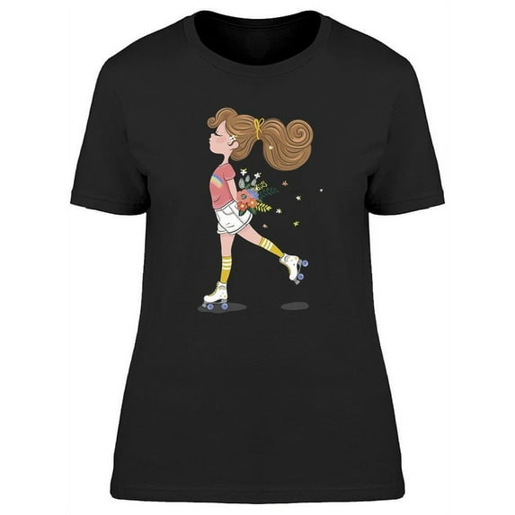 Cute Girl Skating With Flowers T-Shirt Women -Image by Shutterstock, Female Medium