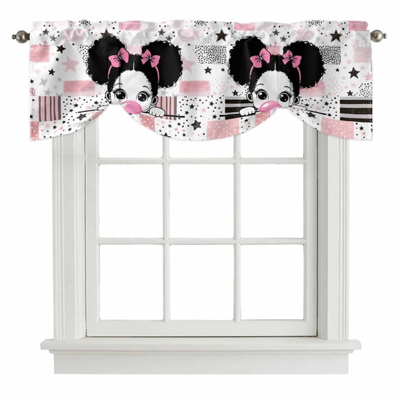 Cute Girl Tie Up Valance Curtains for Windows, Kitchen Curtains Window Treatments, Pink White Cartoon Funny Star Striped Plaid Short Window Shades Valances for Bedroom Bathroom Cafe 42"x12"