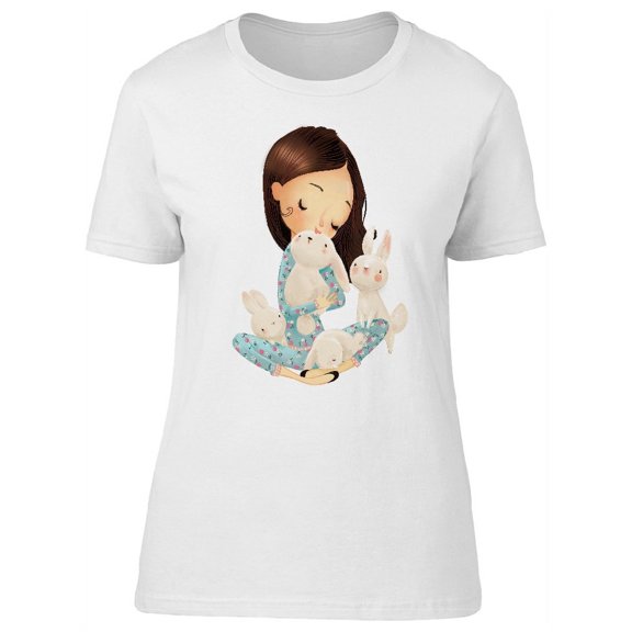 Cute Girl With Bunnies, Rabbits T-Shirt Women -Image by Shutterstock, Female Small