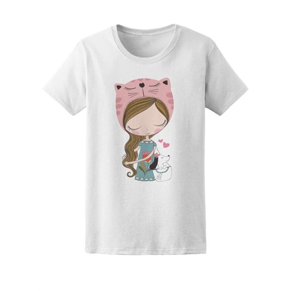 Cute Girl With Cat Hat & Puppy T-Shirt Women -Image by Shutterstock, Female Medium