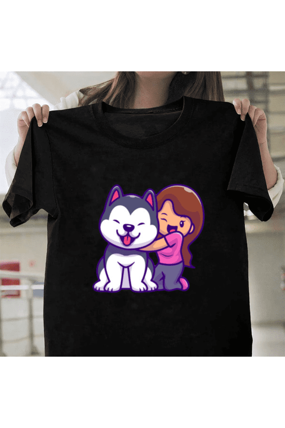 Cute Girl With Husky Dog Pet Breed Animal Graphic Design Silhouette Unisex T-Shirt, up to size 3XL.
