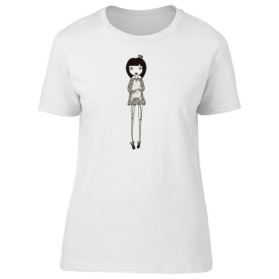 Cute Girl With Kitten Sketch Tee Women's -Image by Shutterstock