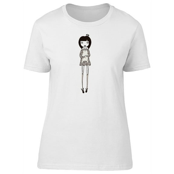 Cute Girl With Kitten Sketch T-Shirt Women -Image by Shutterstock, Female Small