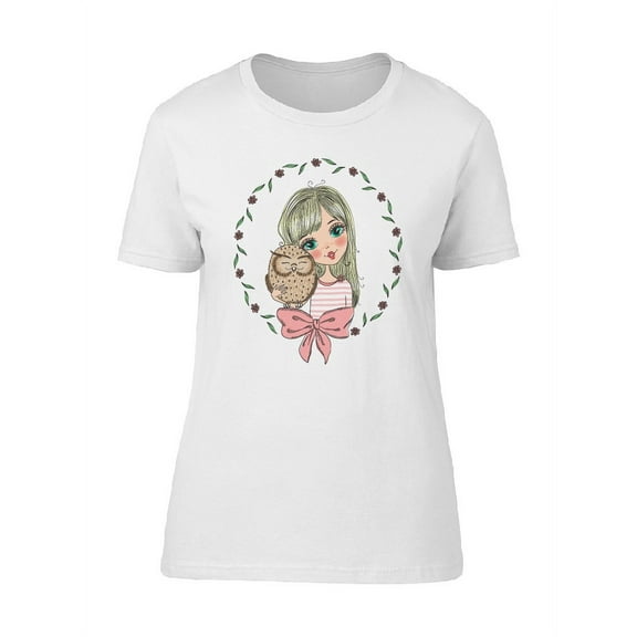 Cute Girl With Owl Wreath T-Shirt Women -Image by Shutterstock, Female Large