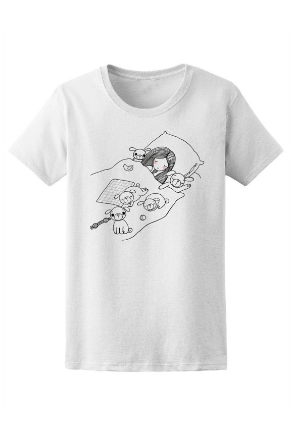 Cute Girl With Pugs Sleeping Tee Women's -Image by Shutterstock