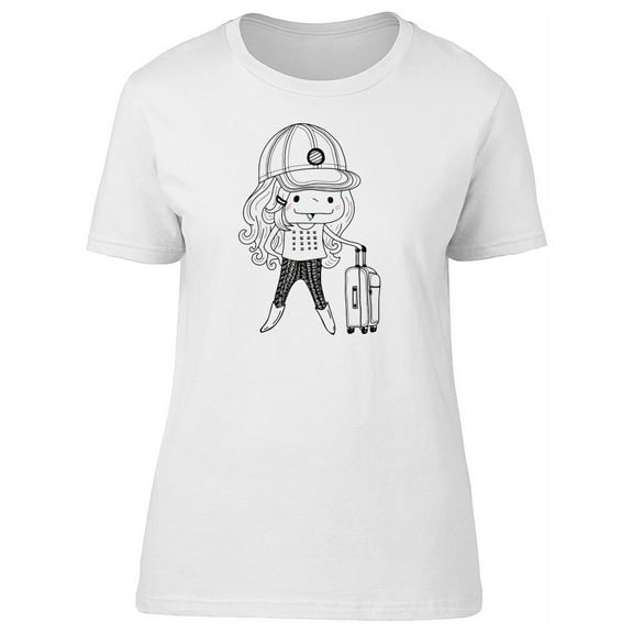 Cute Girl With Suitcase Doodle T-Shirt Women -Image by Shutterstock, Female Medium