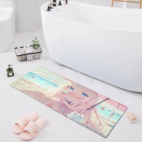Cute Girl and Cat on Vacation Bath Mat 39x20 Non-Slip Bathroom Rugs Absorbent Soft Plush Quick Dry for Tub Shower Kitchen Home Decor