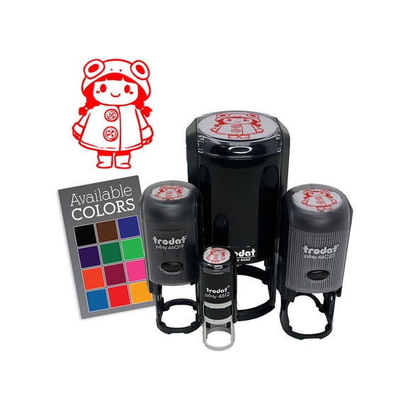 Cute Girl in Frog Raincoat Rainboots Winter Weather Self-Inking Rubber Stamp Ink Stamper for Stamping Crafting Planners - 1/2 Inch Mini - Fuchsia Ink