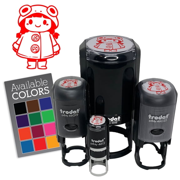 Cute Girl in Frog Raincoat Rainboots Winter Weather Self-Inking Rubber Stamp Ink Stamper for Stamping Crafting Planners - 1/2 Inch Mini - Red Ink