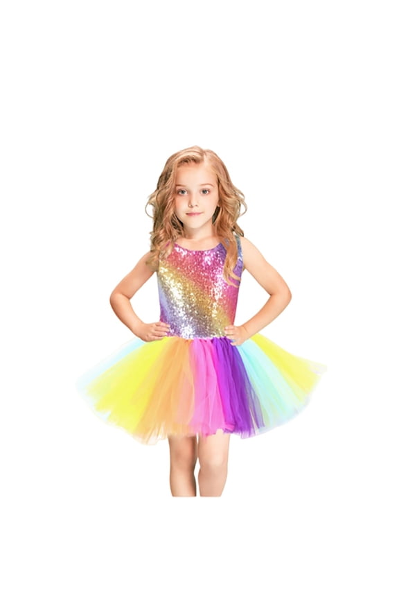 Cute Girls Dresses Birthday Party Gown Rainbow Sequin Tutu Puffy Formal Dress Size 6-7 Years