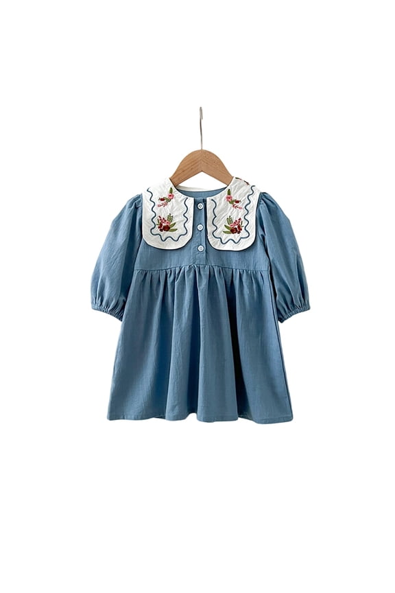 Cute Girls Dresses Elegant French Collar Embroidered FloralWith Puff Sleeves Flowy PerfectPhotoshoots Kids Dress Size 6-7 Years