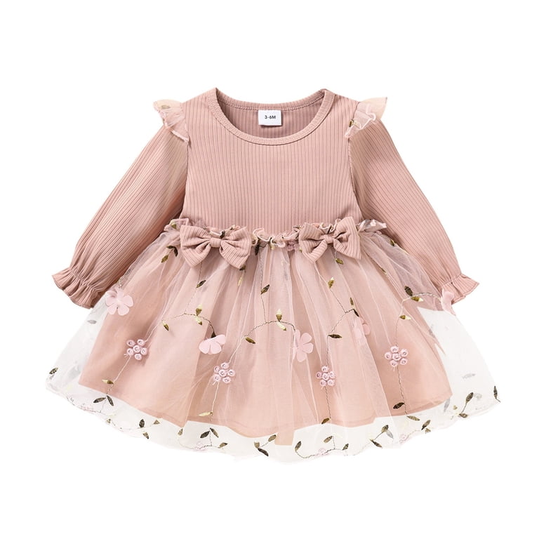 Lkhaha Cute Girls Dresses Newborn Long Ruffled Sleeve Ribbed Bowknot Holiday Party Dress Size 6-9 Months, Newborn Girl's, Red