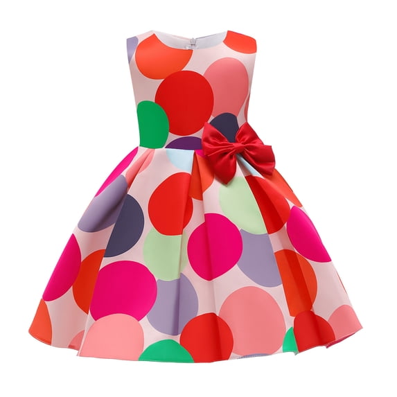 Cute Girls Dresses Polka Dot Print Side Bow Elegant Sleeveless Crewneck A-Line Holiday Sundress Size 2-3 Years