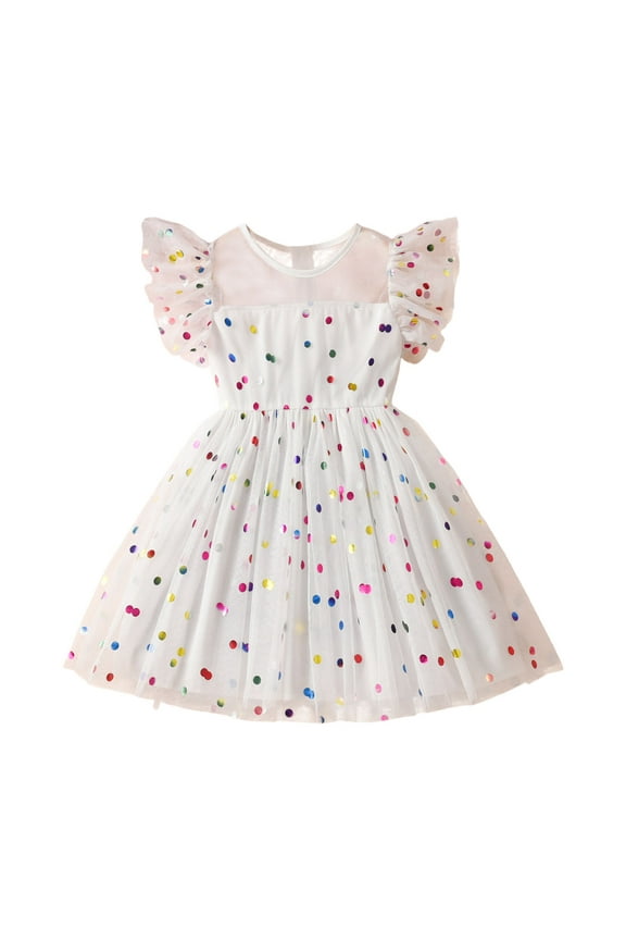 Cute Girls Dresses Sequin Polka Dot Ruffle Flying Sleeve Ruched Tulle Fashion Outfits Size 7-8 Years