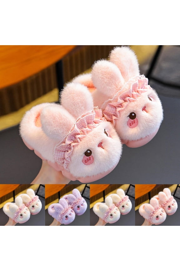 Cute Girls' Fuzzy Slippers Lovely Anime Rabbits Soft Warm Winter House Slippers with Flat Sole Anti-slide Safe Slip-on Slipper Indoor Winter Fashion Footwear