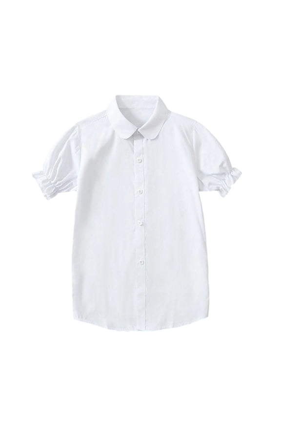 Cute Girls Puff Sleeve School Uniform Shirt Peter Pan Collar Button Down Blouse for 2-12 Years Old, Neat White Top for School White
