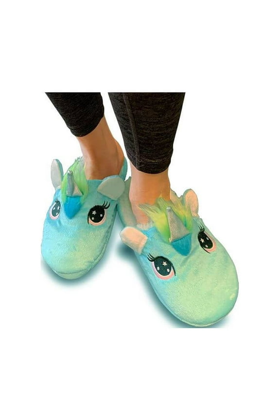 Cute Girls Women Cozy Unicorn Plush Sherpa Non-Skid Indoor Outdoor Slipper, Sky Blue, Small/Medium