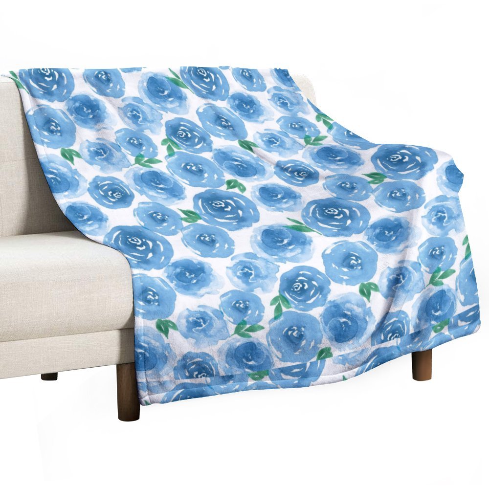 Cute Girly Blue Rose Watercolor Floral Blanket Plush Fuzzy Throw