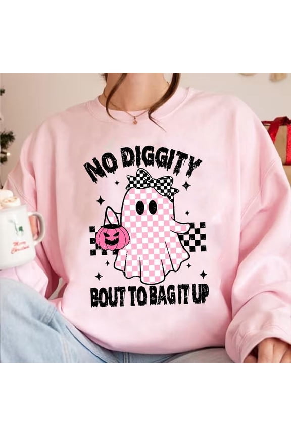 Cute Girly Ghost Halloween Sweatshirt with Pink Checkered Bow, Retro No Diggity Ghost Shirt, Fun Spooky Season Outfit with Pastel Fall Vibes