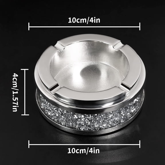Cute Glass Ashtray with Crushed Diamond Design, Silver Stainless Steel Frame, 4L x 4W x 1.57H, Anti-Slip Table Top for Home Office