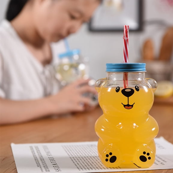 Cute Glass Bear Straw Mug - Cartoon Bear Design Winter Home Cup, Smile Bear Glass with Random Color Straw