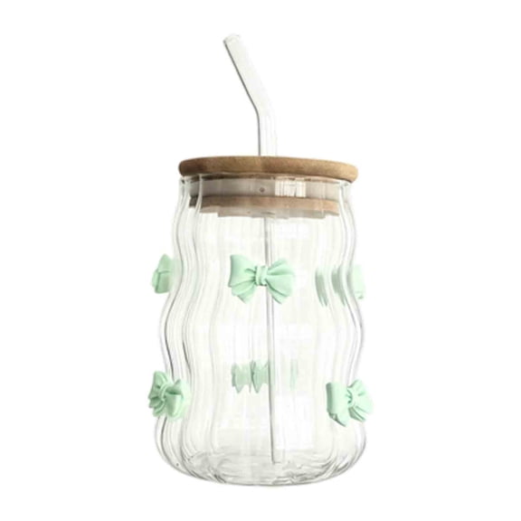 Cute Glass Tumbler With Bamboo Lid And Straw Reusable Glass Straw Cup 450Ml Wavy Bow Decor Cup For Home C-One Size