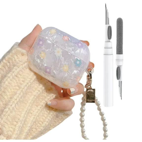 for Cute Glitter Airpods 4 Case 2024 with Cleaner Pen, Shell Pattern Apple Airpods iPod 4th Generation Case Cover Protective Skin Girl Women with Luxury Pearl Keychain, Flower