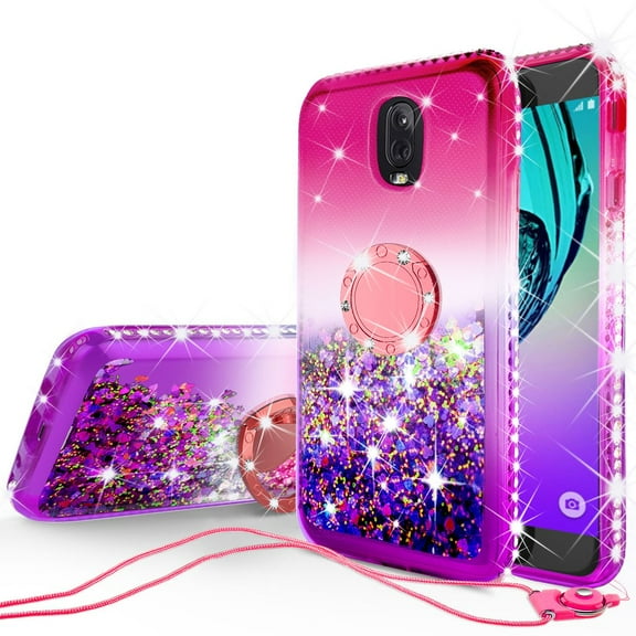 Cute Glitter Bling Diamond Bumper Ring Stand Phone Case for Tracfone/StraightTalk Samsung Galaxy J3 Orbit (S367VL) Case, Clear Kickstand Case Girls Women - Hot Pink/Purple