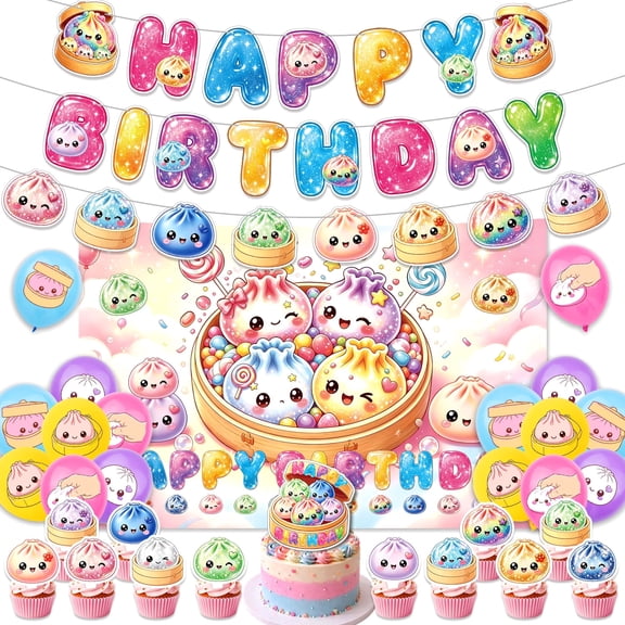Cute Glitter Dumpling SquishShaped Birthday Party Decorations, Happy Birthday Banner, Theme Garland Banner, Photo Backdrop, Latex Celebration Balloons Kawaii Food Style Party