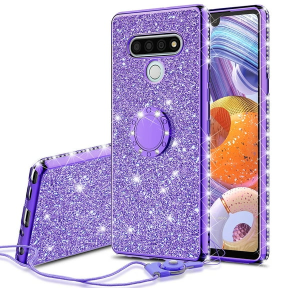 Cute Glitter Phone Case Kickstand for LG Stylo 6 Case,Clear Bling Diamond Bumper Ring Stand Girls Women Case for LG Stylo 6 - Purple