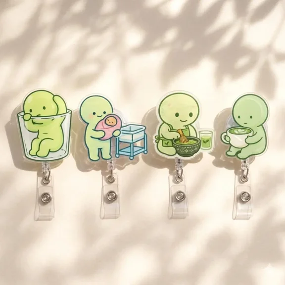 1 Pcs Cute Glow Figure Alien Sparkly Retractable Badge Reel Cute Green Tea Meme Acrylic ID Holder For Nurse Week Gift Accessory, Green Guy Badge Reel