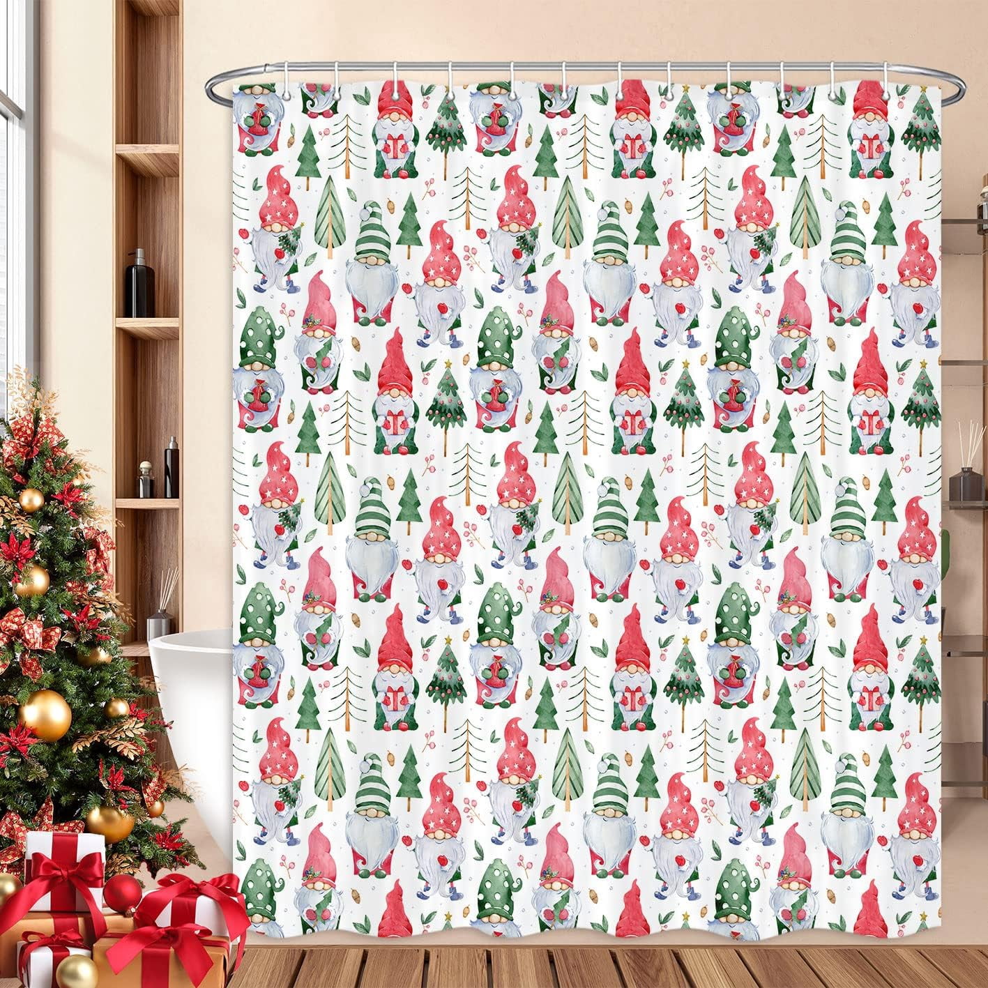 Cute Gnome Christmas Shower Curtain Gnomes Holding Xmas Gifts Bathroom Curtain Farmhouse Christmas Pine Tree, Winter Holiday New Year Bathroom Accessories with Hooks 72x72IN