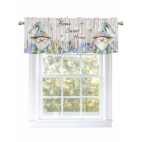 Cute Gnome Flowers Valances for Windows, Rod Pocket Kitchen Valance Curtains - Soft & Washable Small Window Treatment for Living Room,&nbsp;Bathroom, Vintage Wood Grain , 42x12 Inch, 1 Panel