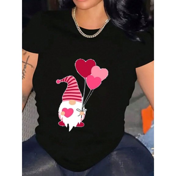 Cute Gnome Holding Heart Balloons Valentine's Day Women Short Sleeve Graphic T-Shirt