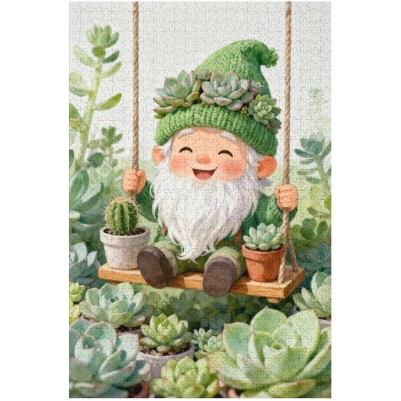 Cute Gnome Puzzle for Adults 1000 Pieces, Spring Succulent Cactus Nature Theme, Funny Garden Art Challenge Game, Whimsical Home Gift, Completed Size 30x20 in