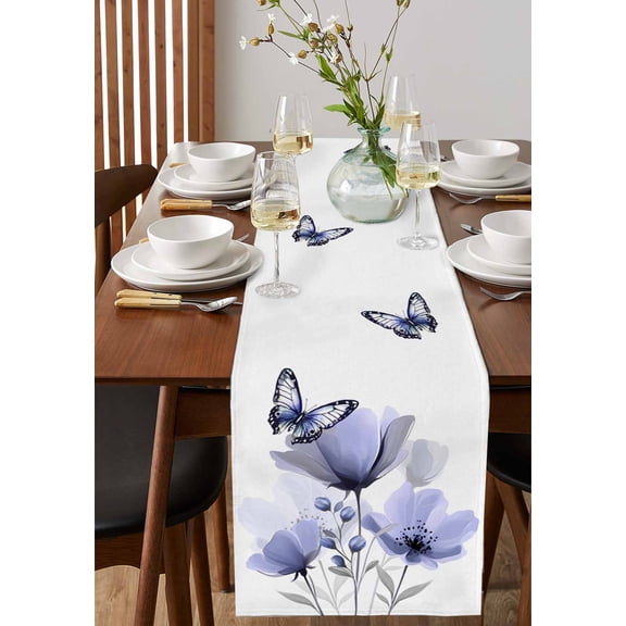 Cute Gnome White Daisy Floral Table Runner 13x72in Non-Slip Cotton Linen Table Runners, Retro Letter Background Dresser Scarves TableRunner for Dinner Kitchen Dining Wedding Party