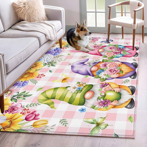 Cute Gnomes 3'x5' Rug for Bedroom Foot of Bed Small Living Room, Watercolor Country Spring Colorful Flowers Butterfly Pink Plaid Non Slip Rectangle Area Rug, Machine Washable Indoor Outdoor Mat