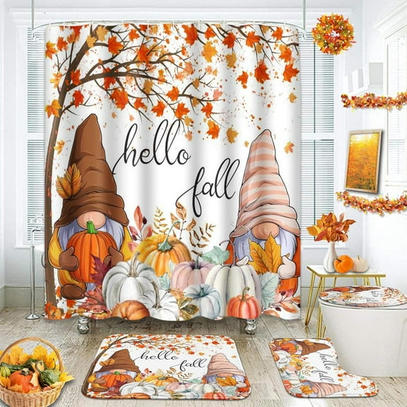 Cute Gnomes Autumn Bathroom Set with Shower Curtain and Rug and Accessories, Pumpkin Leaf Hello Fall Shower Curtain Set for Bathroom Decor 4 Pcs