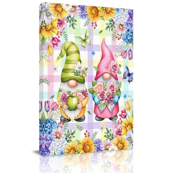 Cute Gnomes Canvas Wall Art for Living Room, Watercolor Country Spring Colorful Flowers Butterfly Rainbow Plaid Poster Print Painting for Bedroom Home Decor Wall Pictures Prepare To Hang 8"x10"