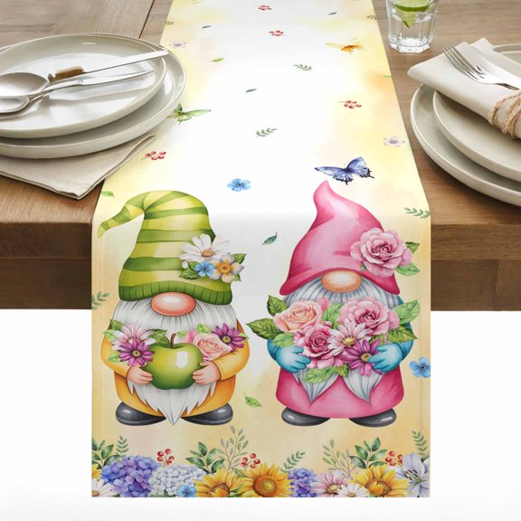 Cute Gnomes Cotton Linen Table Runner Watercolor Country Spring Colorful Flowers Butterfly Gradient Yellow Dining Table Runners for Home Decor Party Dining Room Restaurant Kitchen 13" x 120"