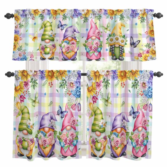 Cute Gnomes Curtains and Valances Set, Watercolor Country Spring Colorful Flowers Butterfly Rainbow Plaid Rod Pocket Window Valance Window Curtain Panels for Kitchen Bedroom, 27.5x24in, 3 Pieces