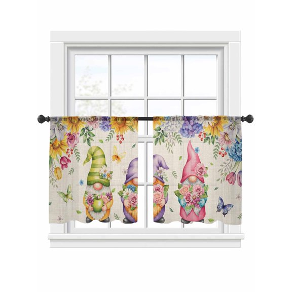 Cute Gnomes Sheer Curtains 2 Panels Set Watercolor Country Spring Colorful Flowers Butterfly Linen Texture Sheer Window Curtains Light Filtering Rod Pocket Voile Drapes for Living Room 52"x45"