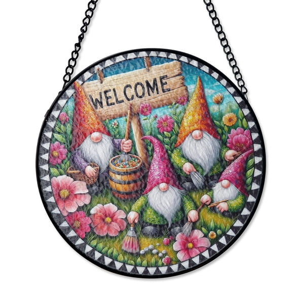 Cute Gnomes With Florals Welcome Suncatcher Stained Glass Style UV Printed Glass Spring Garden Decor Round