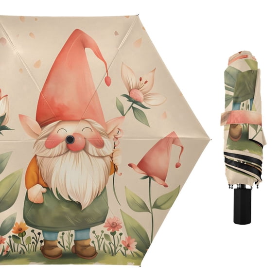 Cute Gnomes and Flower Compact Sun Umbrella Windproof Travel Umbrellas for Rain Strong Portable UV Protection