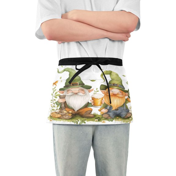 Cute Gnomes with Beer Server Apron with 3 Pockets Waterproof Waitress Waist Short Apron for Man Woman 12 Inches