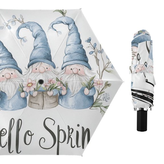 Cute Gnomes with Flowers Hello Spring All Weather Umbrella Triple Folding Parasol 6 Ribs UV Protection Portable