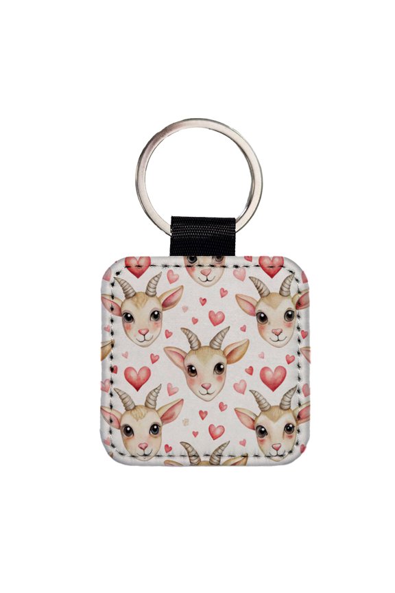 Cute Goat Faces Hearts Watercolor Faux Leather Square Keychain