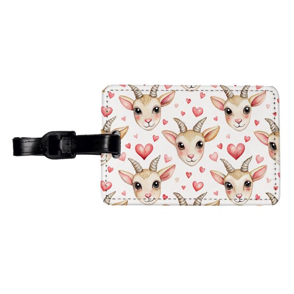 Cute Goat Faces Hearts Watercolor Faux Leather Travel Luggage Tag