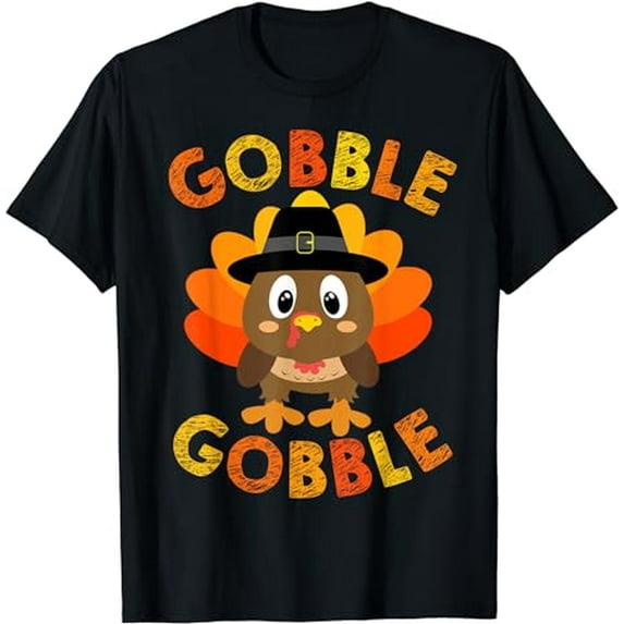 Cute Gobble Gobble Turkey Pilgrim Little Boys Thanksgiving T-Shirt